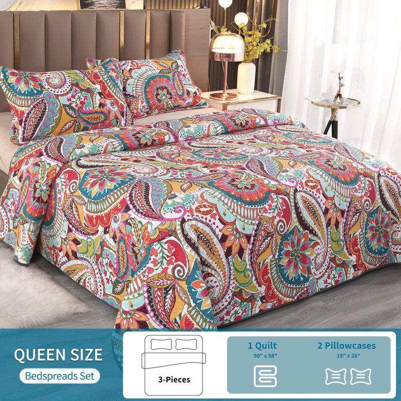 Qucover Cotton Quilt Set, Queen Size, Multicolor Paisley, Boho Style, Soft Lightweight Coverlet with 2 Pillow Shams, 90x98 Inches - Image 2